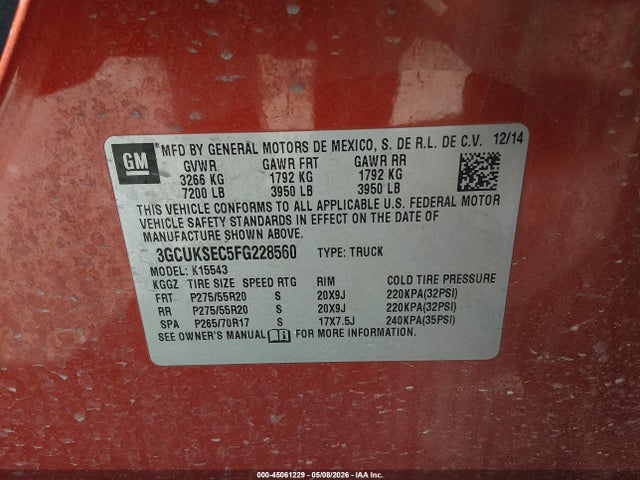 45061229 :رقم المزاد ، 3GCUKSEC5FG228560 vin ، 2015 Chevrolet Silverado 1500 1lz مزاد بيع