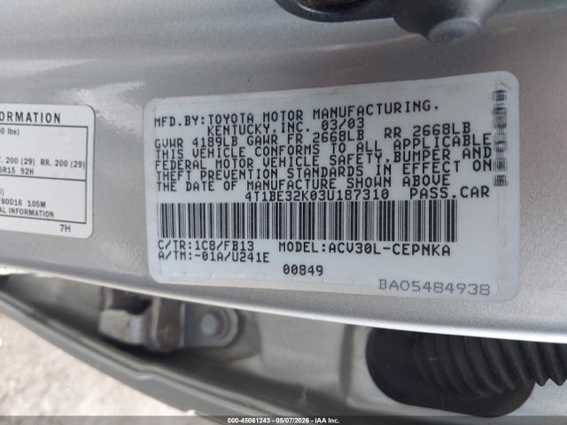 Продаж на аукціоні авто 2003 Toyota Camry Le/xle/se, vin: 4T1BE32K03U187310, номер лоту: 45061243