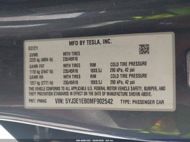 Aukcja sprzedaży 2021 Tesla Model 3 Long Range Dual Motor All-wheel Drive, vin: 5YJ3E1EB0MF902542, numer aukcji: 45061252
