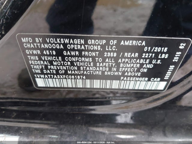 Aukcja sprzedaży 2015 Volkswagen Passat 1.8t S, vin: 1VWAT7A3XFC061874, numer aukcji: 45061254