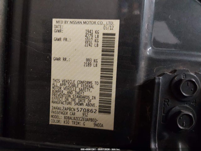 Aukcja sprzedaży 2012 Nissan Altima 2.5 S, vin: 1N4AL2AP8CN570862, numer aukcji: 45061261