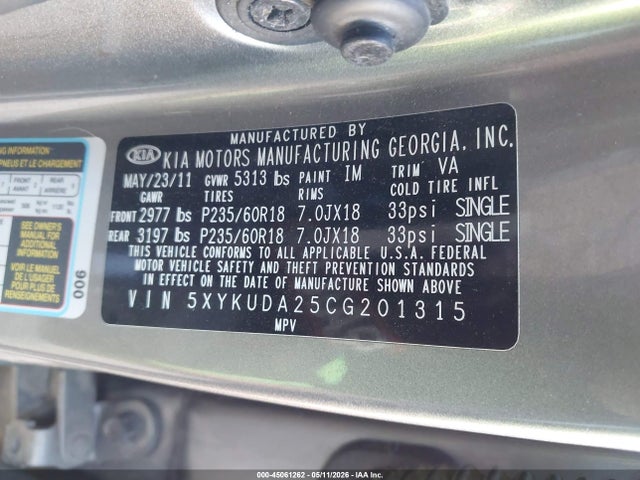 Продаж на аукціоні авто 2012 Kia Sorento Ex V6, vin: 5XYKUDA25CG201315, номер лоту: 45061262