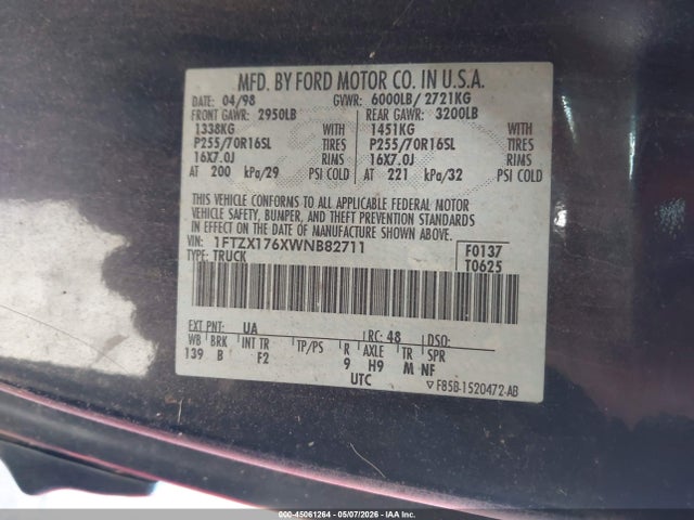 Продажа на аукционе авто 1998 Ford F-150 Lariat/standard/xl/xlt, vin: 1FTZX176XWNB82711, номер лота: 45061264