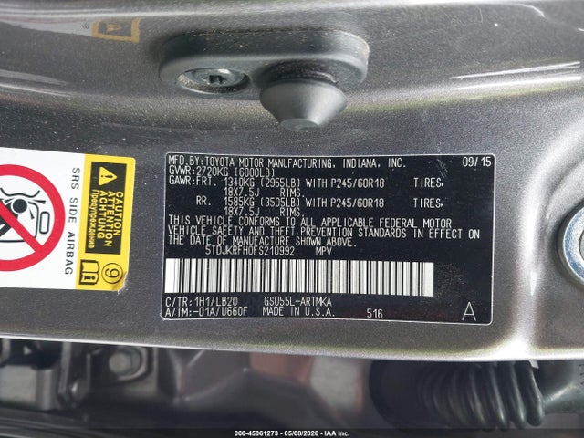 Aukcja sprzedaży 2015 Toyota Highlander Xle V6, vin: 5TDJKRFH0FS210992, numer aukcji: 45061273