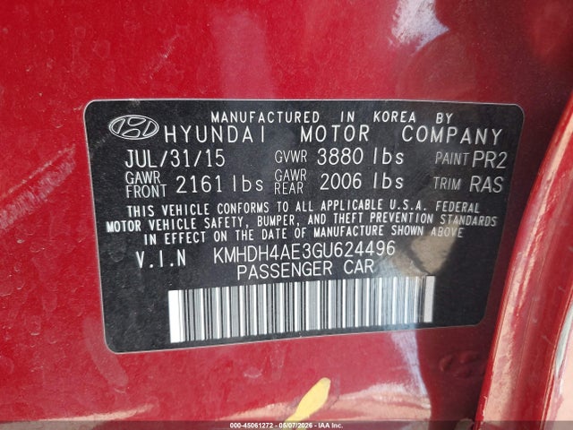 Aukcja sprzedaży 2016 Hyundai Elantra Limited, vin: KMHDH4AE3GU624496, numer aukcji: 45061272