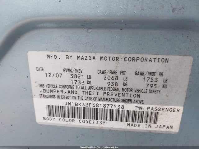 45061292 :رقم المزاد ، JM1BK32F681877538 vin ، 2008 Mazda Mazda3 I مزاد بيع