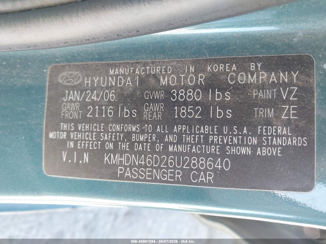Продажа на аукционе авто 2006 Hyundai Elantra Gls/limited, vin: KMHDN46D26U288640, номер лота: 45061294