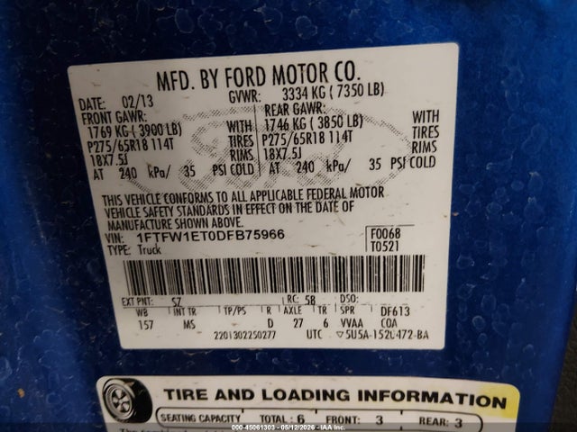 Продажа на аукционе авто 2013 Ford F-150 Xlt, vin: 1FTFW1ET0DFB75966, номер лота: 45061303