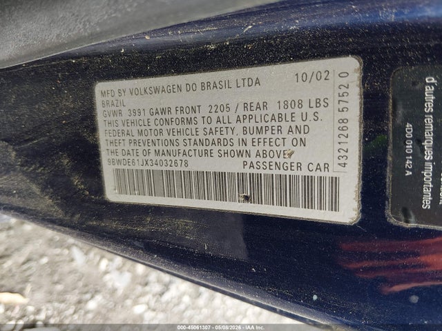 Aukcja sprzedaży 2003 Volkswagen Gti 1.8t, vin: 9BWDE61JX34032678, numer aukcji: 45061307