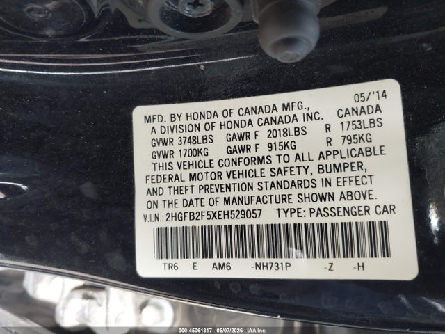 Продажа на аукционе авто 2014 Honda Civic Lx, vin: 2HGFB2F5XEH529057, номер лота: 45061317