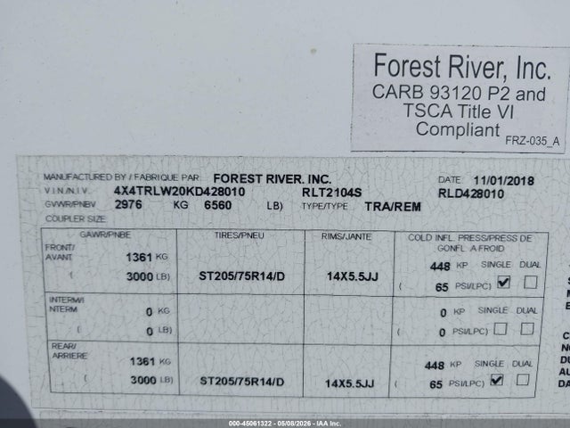 45061322 :رقم المزاد ، 4X4TRLW20KD428010 vin ، 2019 Forest River Mini Lite مزاد بيع