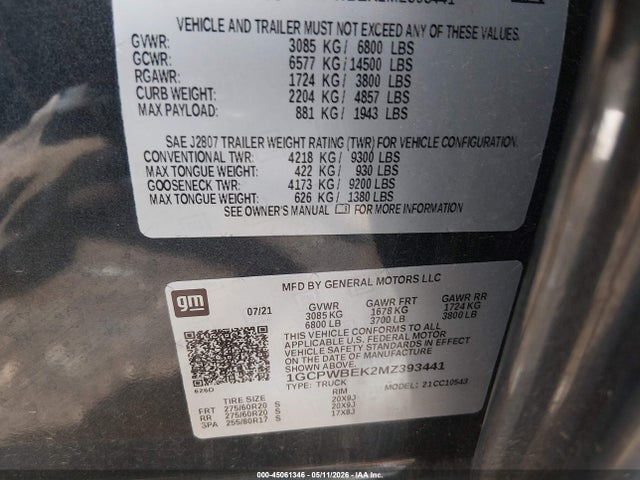 45061346 :رقم المزاد ، 1GCPWBEK2MZ393441 vin ، 2021 Chevrolet Silverado 1500 2wd  Short Bed Custom مزاد بيع