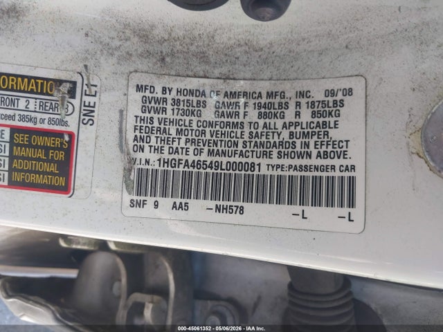 45061352 :رقم المزاد ، 1HGFA46549L000081 vin ، 2009 Honda Civic Gx مزاد بيع