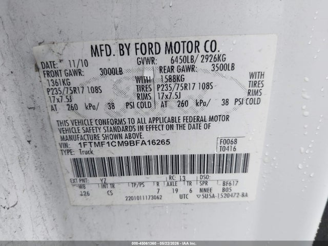 45061360 :رقم المزاد ، 1FTMF1CM9BFA16265 vin ، 2011 Ford F-150 Xl مزاد بيع