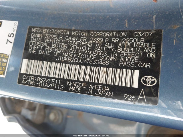 45061366 :رقم المزاد ، JTDKB20U077630488 vin ، 2007 Toyota Prius مزاد بيع