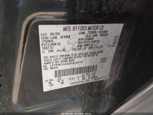 45061364 :رقم المزاد ، 1FTPW145X4FA14113 vin ، 2004 Ford F-150 Fx4/lariat/xlt مزاد بيع