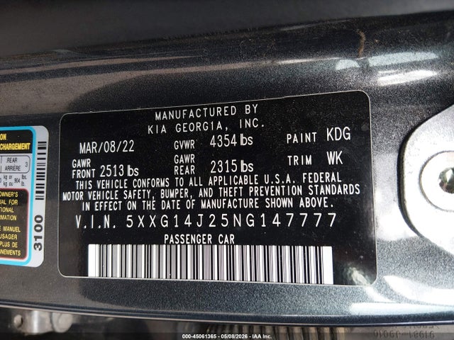 5XXG14J25NG147777 KIA K5 LXS