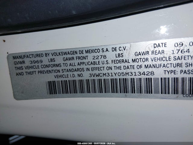 45061368 :رقم المزاد ، 3VWCM31Y05M313428 vin ، 2005 Volkswagen New Beetle Gls مزاد بيع