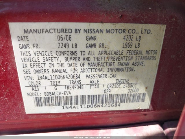 Продаж на аукціоні авто 2006 Nissan Altima 2.5 S, vin: 1N4AL11D06N420684, номер лоту: 45061388