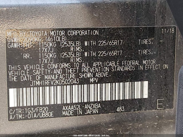 45061398 :رقم المزاد ، JTMH1RFV2KD502043 vin ، 2019 Toyota Rav4 Le مزاد بيع