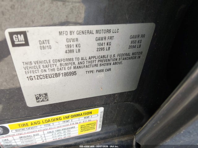 Продажа на аукционе авто 2011 Chevrolet Malibu 1lt, vin: 1G1ZC5EU2BF186995, номер лота: 45061400