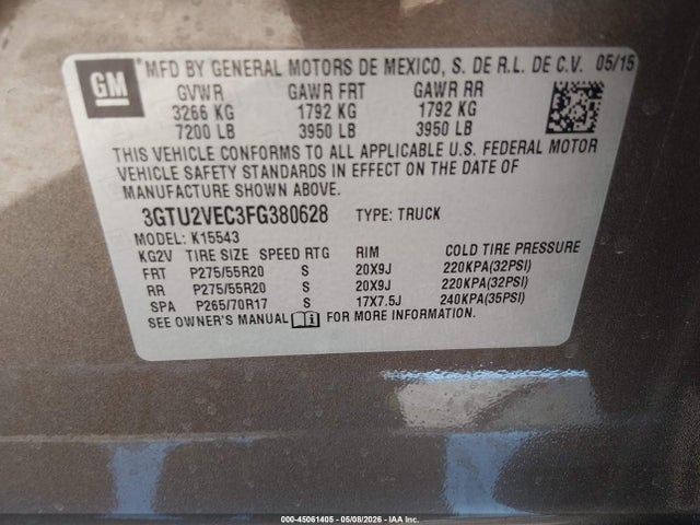 Aukcja sprzedaży 2015 Gmc Sierra 1500 Slt, vin: 3GTU2VEC3FG380628, numer aukcji: 45061405