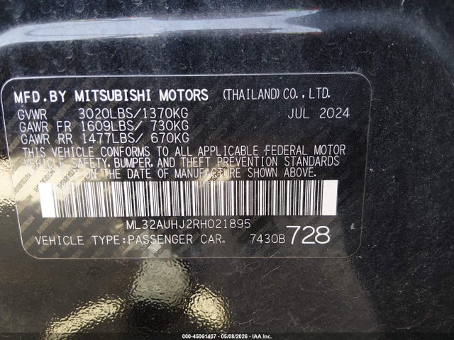 Продаж на аукціоні авто 2024 Mitsubishi Mirage Es/le, vin: ML32AUHJ2RH021895, номер лоту: 45061407