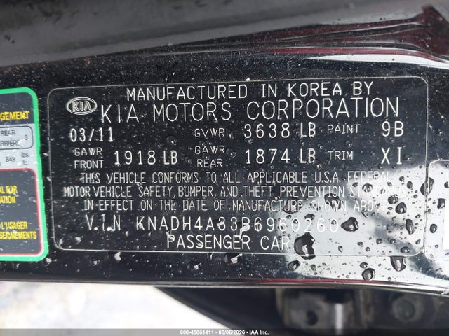 45061411 :رقم المزاد ، KNADH4A33B6960260 vin ، 2011 Kia Rio Lx مزاد بيع