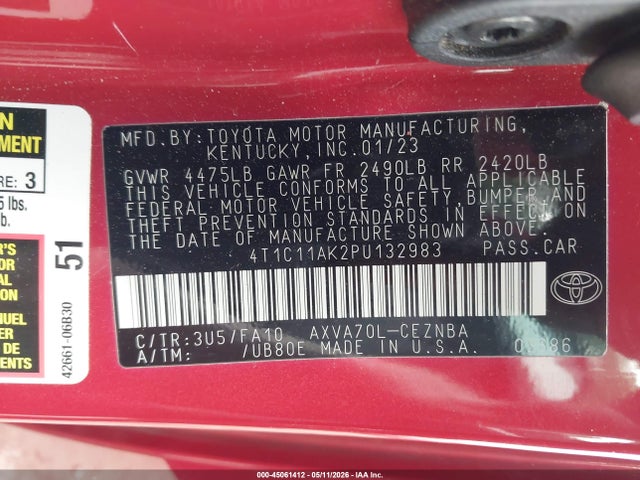Aukcja sprzedaży 2023 Toyota Camry Le, vin: 4T1C11AK2PU132983, numer aukcji: 45061412