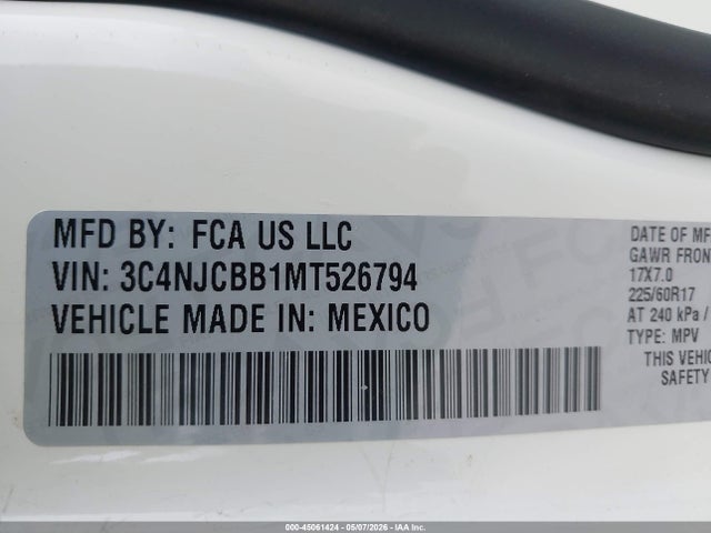 Продажа на аукционе авто 2021 Jeep Compass Latitude Fwd, vin: 3C4NJCBB1MT526794, номер лота: 45061424