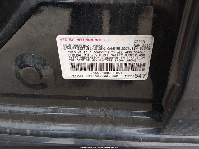 45061435 :رقم المزاد ، JA32U2FU8BU021059 vin ، 2011 Mitsubishi Lancer Es مزاد بيع