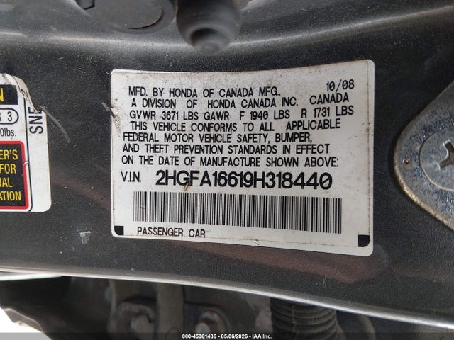 2009 Honda Civic Lx-s მანქანა იყიდება აუქციონზე, vin: 2HGFA16619H318440, აუქციონის ნომერი: 45061436