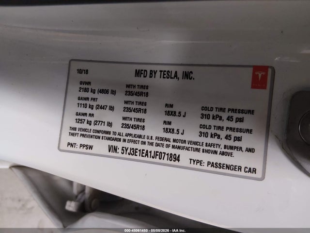 Продажа на аукционе авто 2018 Tesla Model 3 Long Range/mid Range, vin: 5YJ3E1EA1JF071894, номер лота: 45061450