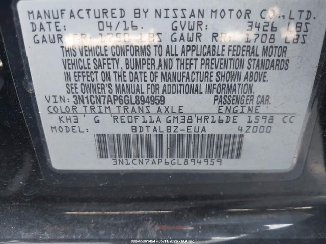 3N1CN7AP6GL894959 Nissan Versa 1.6 S/1.6 S+/1.6 Sl/1.6 Sv