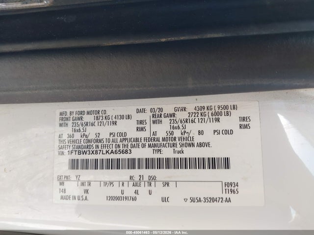 Aukcja sprzedaży 2020 Ford Transit-350 Cargo Van, vin: 1FTBW3X87LKA65683, numer aukcji: 45061463