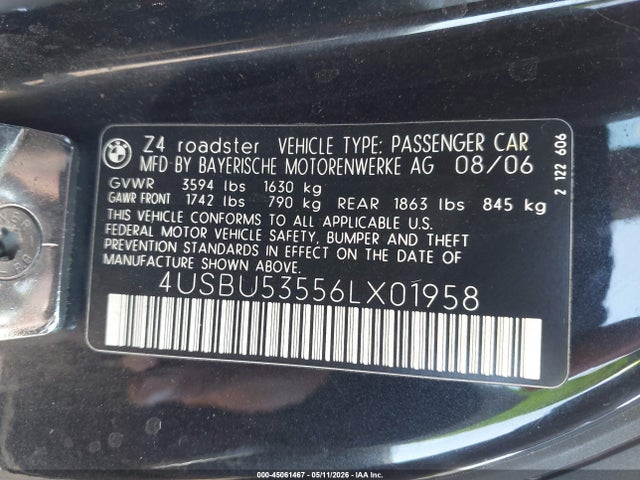 Aukcja sprzedaży 2006 Bmw Z4 3.0si, vin: 4USBU53556LX01958, numer aukcji: 45061467