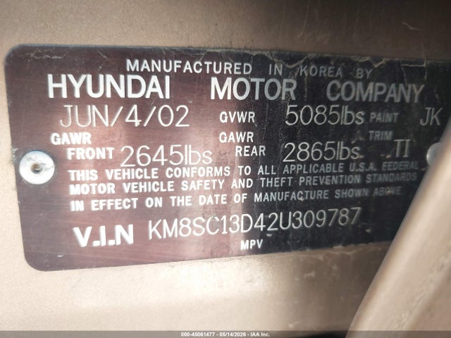 2002 Hyundai Santa Fe Gls/lx მანქანა იყიდება აუქციონზე, vin: KM8SC13D42U309787, აუქციონის ნომერი: 45061477