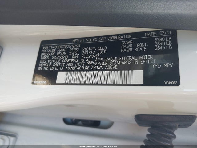 45061494 :رقم المزاد ، YV4902DZ3E2518799 vin ، 2014 Volvo Xc60 T6 R-design مزاد بيع