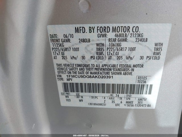 Aukcja sprzedaży 2010 Ford Escape Xlt, vin: 1FMCU9DG8AKD20391, numer aukcji: 45061497
