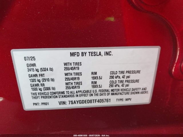 7SAYGDED8TF405761 Tesla Model Y Premium Rear-wheel Drive/standard Rear-wheel Drive