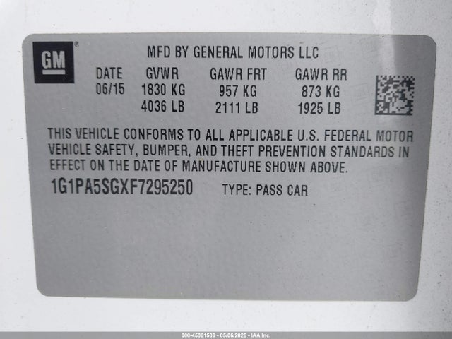 2015 Chevrolet Cruze Ls Auto მანქანა იყიდება აუქციონზე, vin: 1G1PA5SGXF7295250, აუქციონის ნომერი: 45061509
