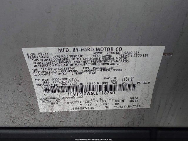 45061510 :رقم المزاد ، 1FAHP2DW6CG118760 vin ، 2012 Ford Taurus Se مزاد بيع