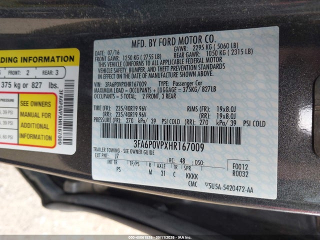 45061526 :رقم المزاد ، 3FA6P0VPXHR167009 vin ، 2017 Ford Fusion Sport مزاد بيع