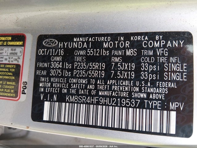 Продаж на аукціоні авто 2017 Hyundai Santa Fe Se Ultimate, vin: KM8SR4HF9HU219537, номер лоту: 45061537