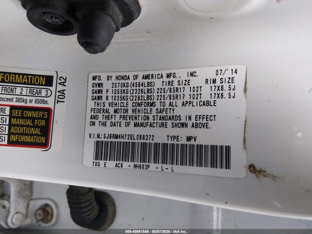 Honda Cr-v Ex-l 2014 5J6RM4H72EL098372 Image 9
