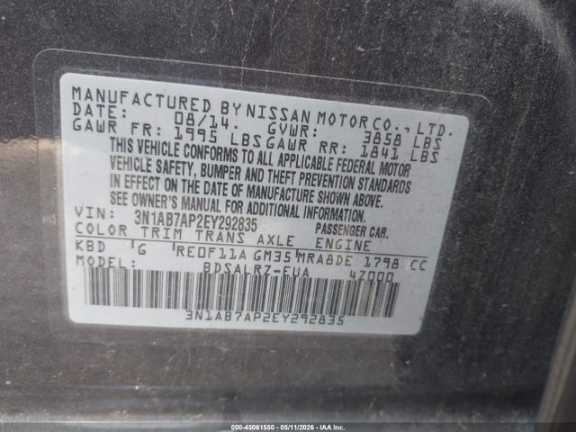 45061550 :رقم المزاد ، 3N1AB7AP2EY292835 vin ، 2014 Nissan Sentra Sr مزاد بيع