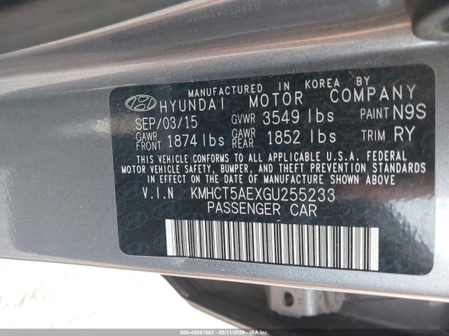 2016 Hyundai Accent Se მანქანა იყიდება აუქციონზე, vin: KMHCT5AEXGU255233, აუქციონის ნომერი: 45061563
