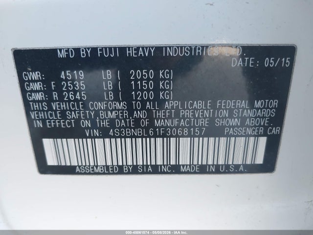 Продаж на аукціоні авто 2015 Subaru Legacy 2.5i Limited, vin: 4S3BNBL61F3068157, номер лоту: 45061574