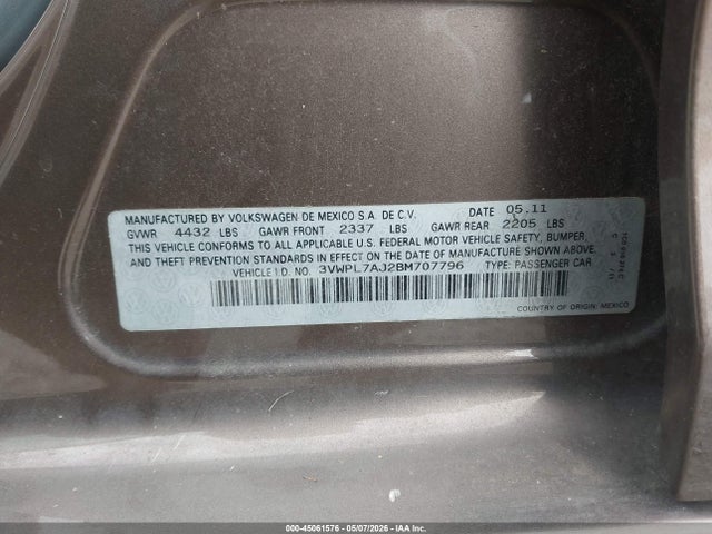 2011 Volkswagen Jetta Sportwagen 2.0l Tdi მანქანა იყიდება აუქციონზე, vin: 3VWPL7AJ2BM707796, აუქციონის ნომერი: 45061576