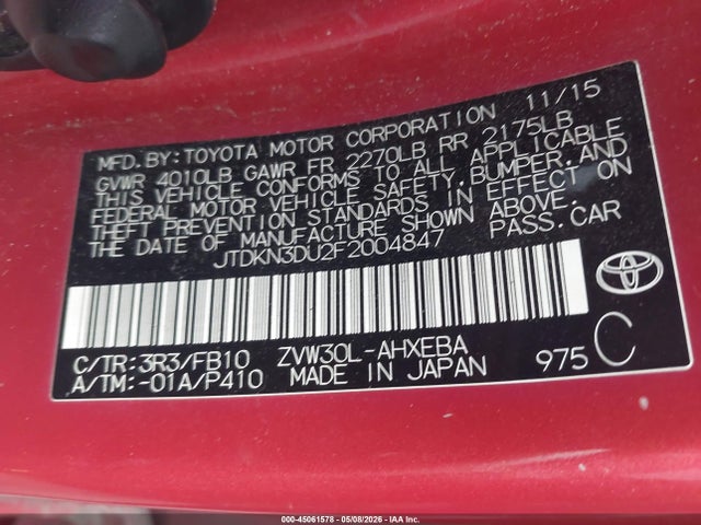 45061578 :رقم المزاد ، JTDKN3DU2F2004847 vin ، 2015 Toyota Prius Two مزاد بيع